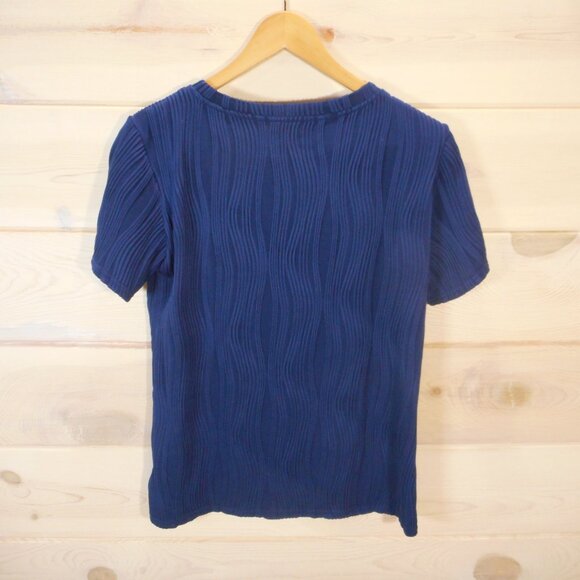 Micoson Women's size S Short Sleeve Tee Navy Blue Wavy Textured Stretch Blouse - Picture 3 of 8